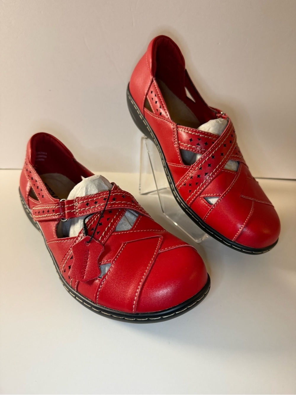 Women's Red Leather Casual Slip-On Flats with Strap